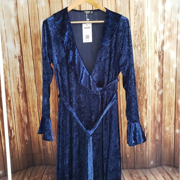 NWT Yoins Blue Velvet Wrap Dress XXL - Picture 3 of 5